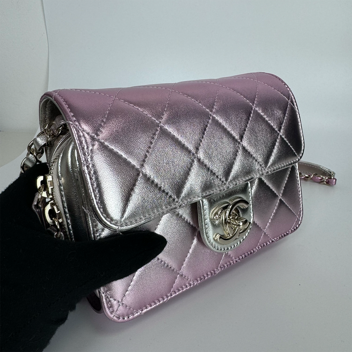 Chanel Like A Wallet Metallic Pink Flap Bag Quilted Gradient Lambskin Mini