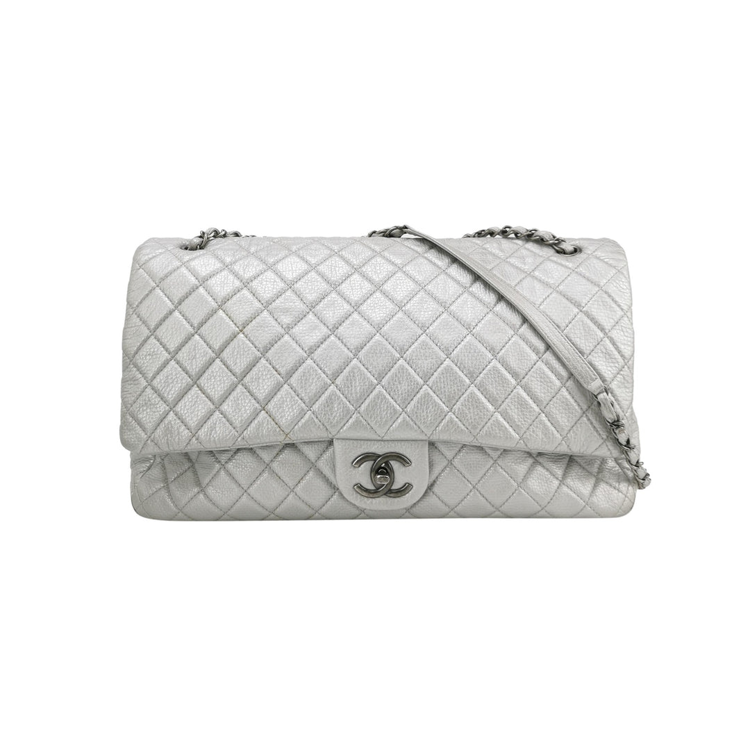 Chanel 2016 XXL Travel Flap Bag Metallic Silver Calfskin