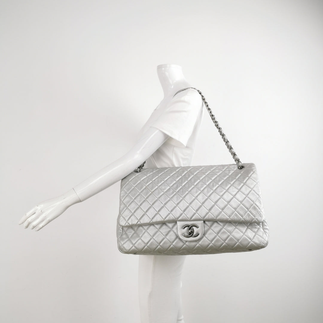 Chanel 2016 XXL Travel Flap Bag Metallic Silver Calfskin