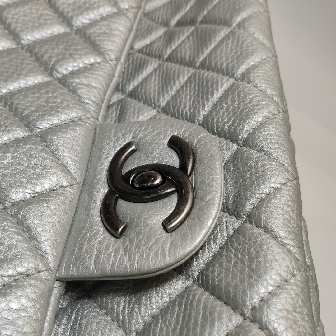 Chanel 2016 XXL Travel Flap Bag Metallic Silver Calfskin
