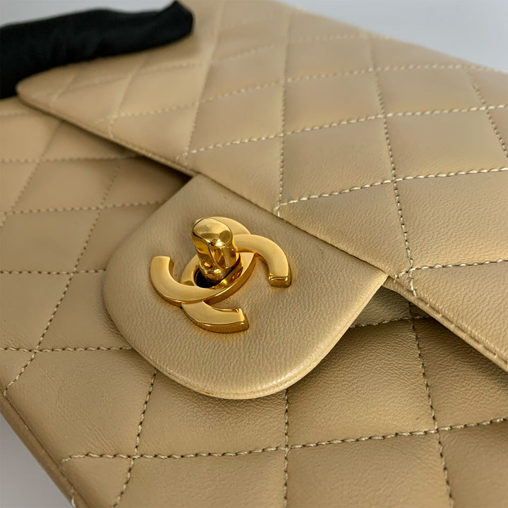 Chanel Vintage Medium Classic Double Flap in Beige Lambskin and Gold Hardware