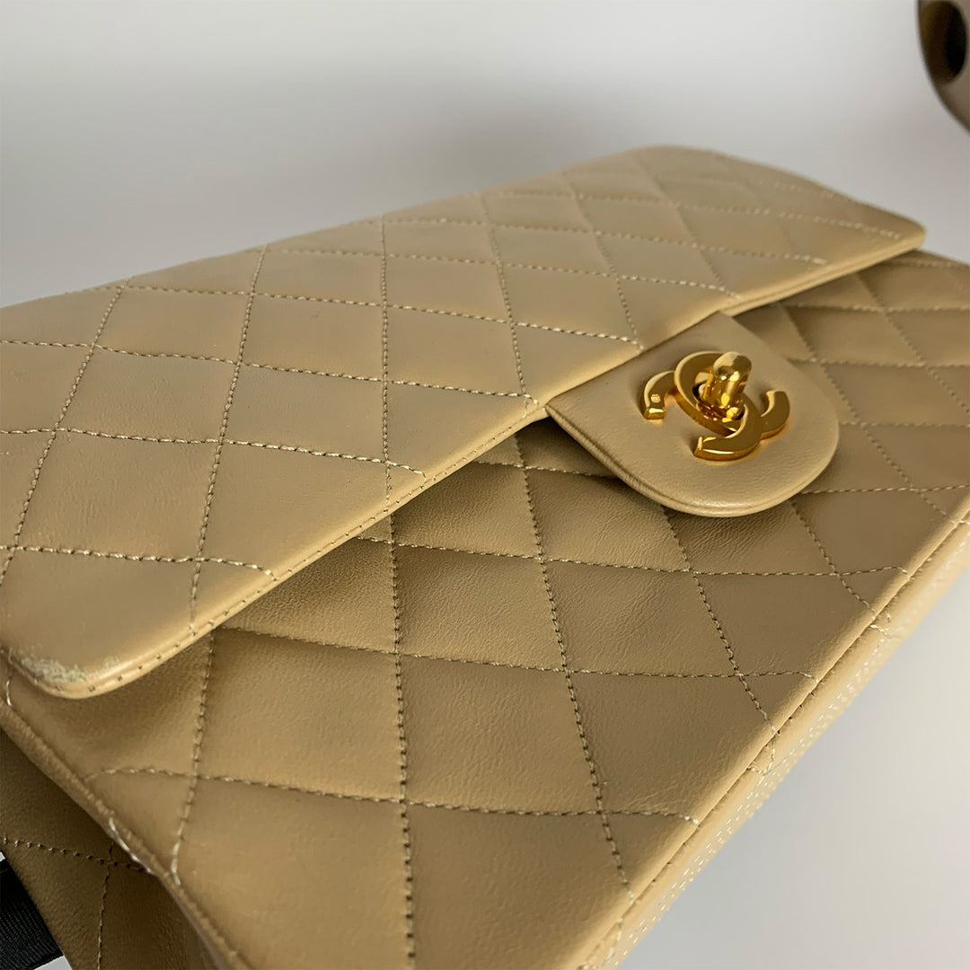 Chanel Vintage Medium Classic Double Flap in Beige Lambskin and Gold Hardware