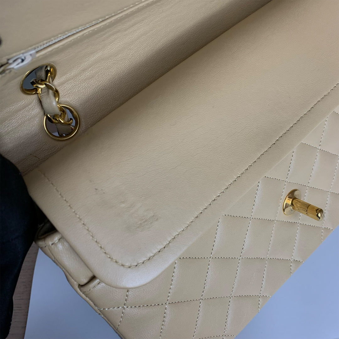 Chanel Vintage Medium Classic Double Flap in Beige Lambskin and Gold Hardware