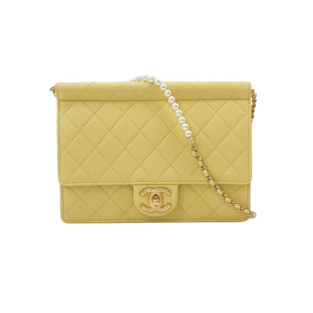 Chanel Medium Lambskin Chic Pearls Flap Bag Yellow