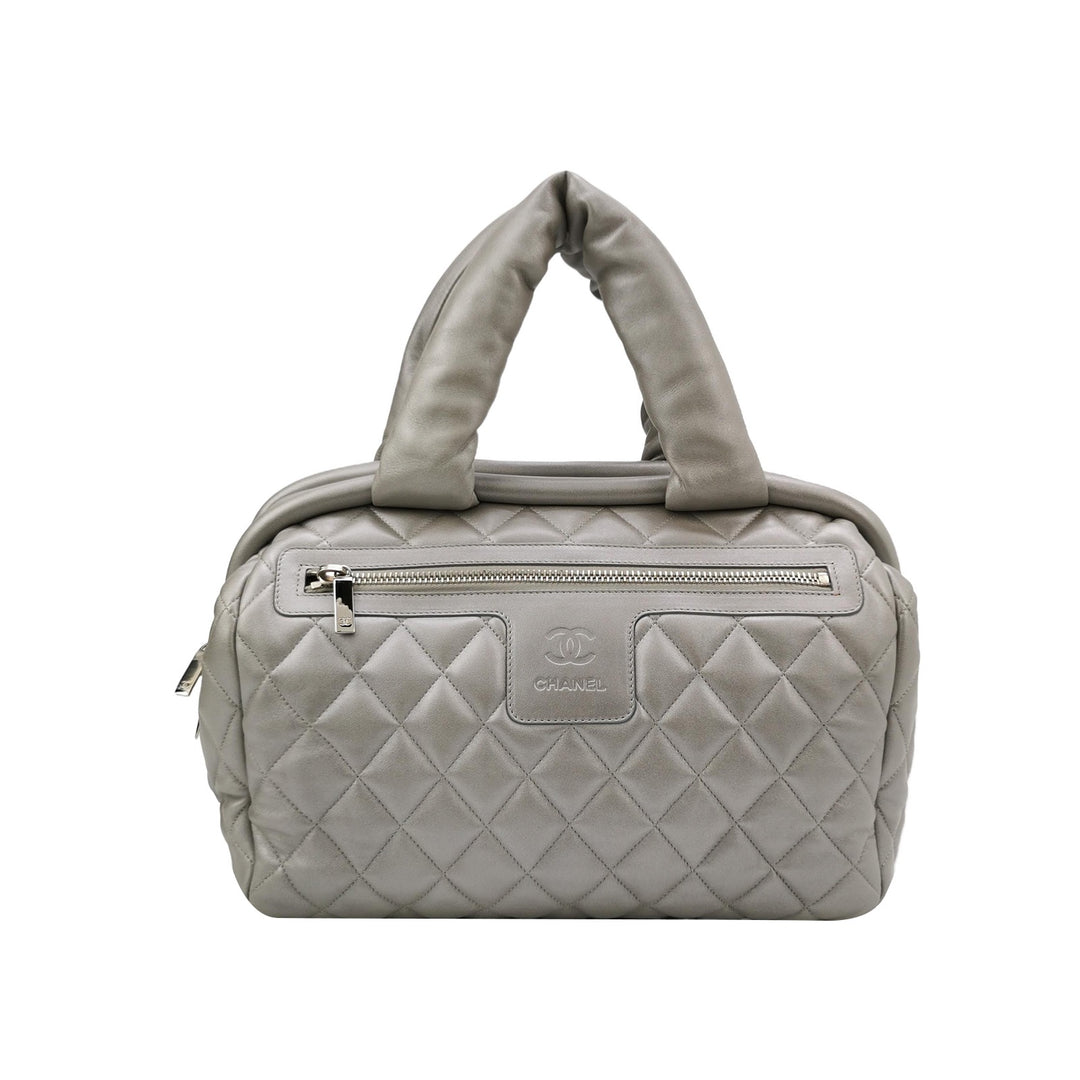 Chanel Coco Cocoon Bowling Bag Silver Quilted Nylon