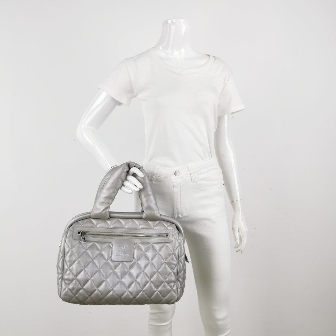 Chanel Coco Cocoon Bowling Bag Silver Quilted Nylon