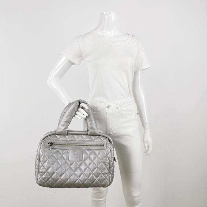 Chanel Coco Cocoon Bowling Bag Silver Quilted Nylon