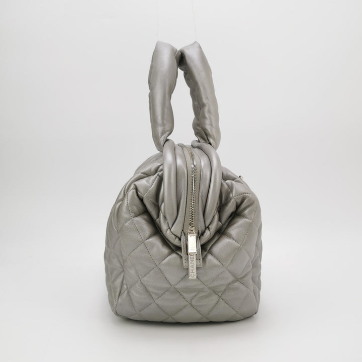 Chanel Coco Cocoon Bowling Bag Silver Quilted Nylon