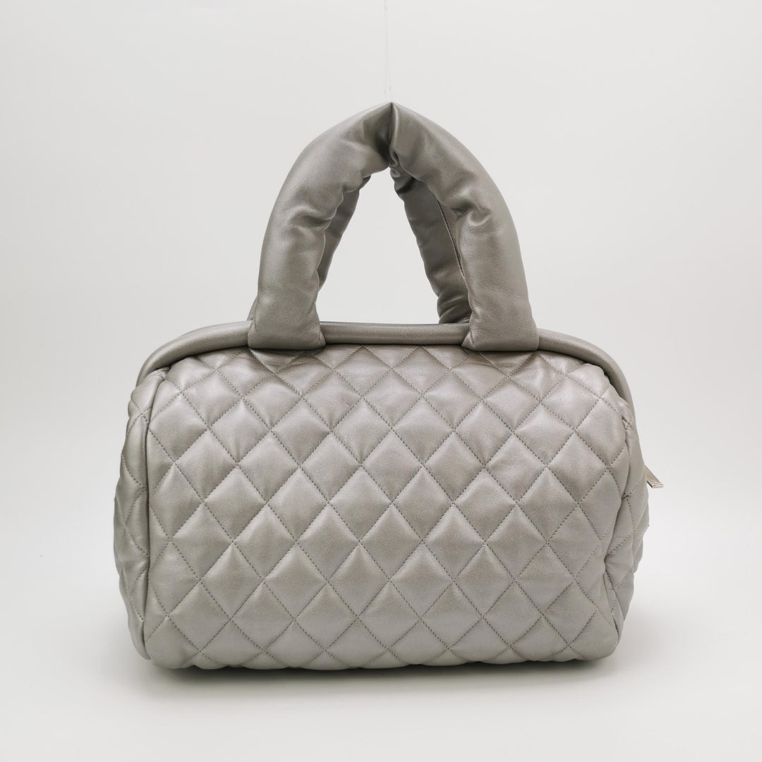 Chanel Coco Cocoon Bowling Bag Silver Quilted Nylon
