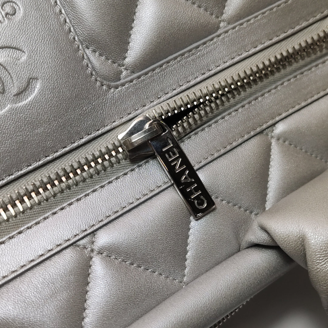 Chanel Coco Cocoon Bowling Bag Silver Quilted Nylon