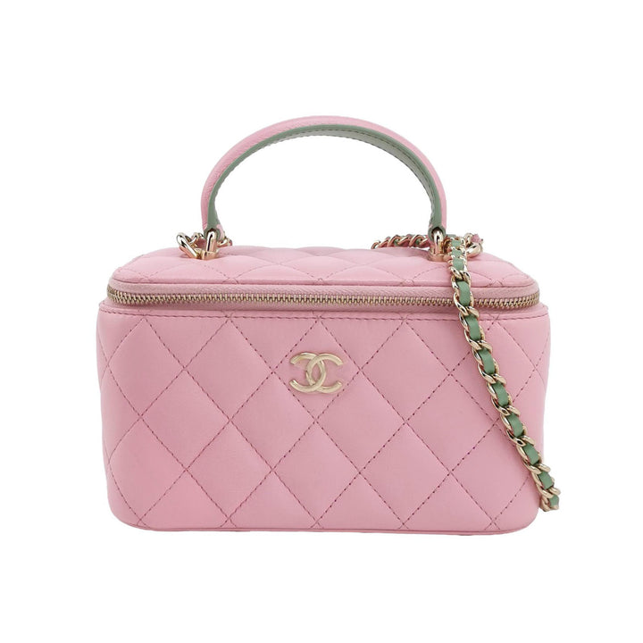 Chanel Lambskin Quilted Small Top Handle Vanity Case Pink Green