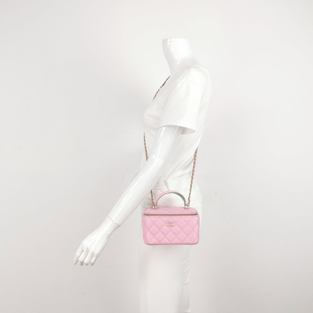 Chanel Lambskin Quilted Small Top Handle Vanity Case Pink Green