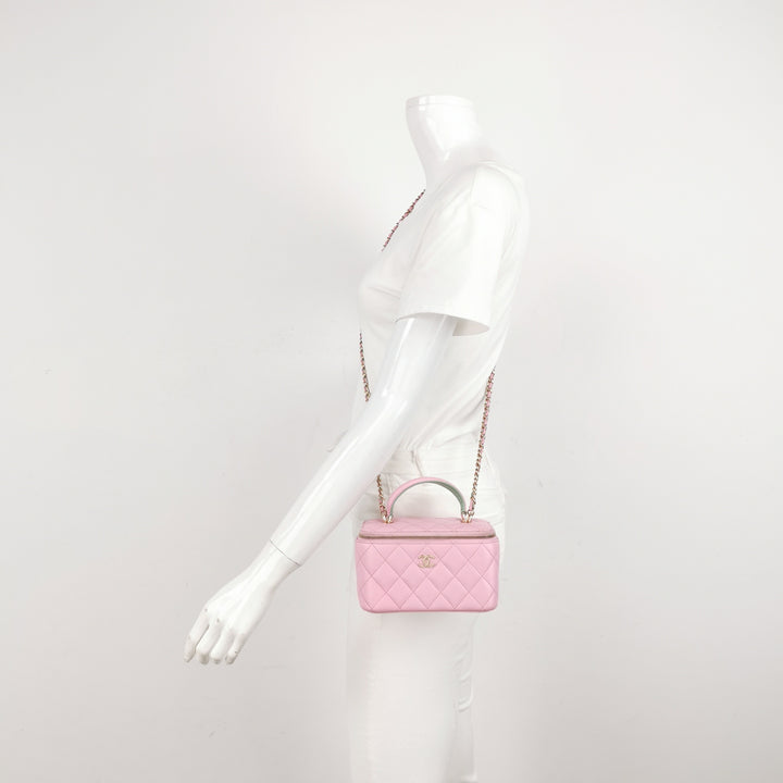 Chanel Lambskin Quilted Small Top Handle Vanity Case Pink Green