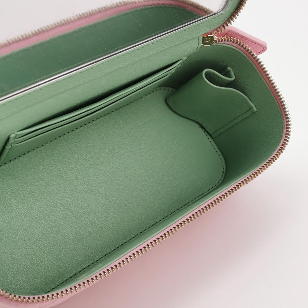 Chanel Lambskin Quilted Small Top Handle Vanity Case Pink Green