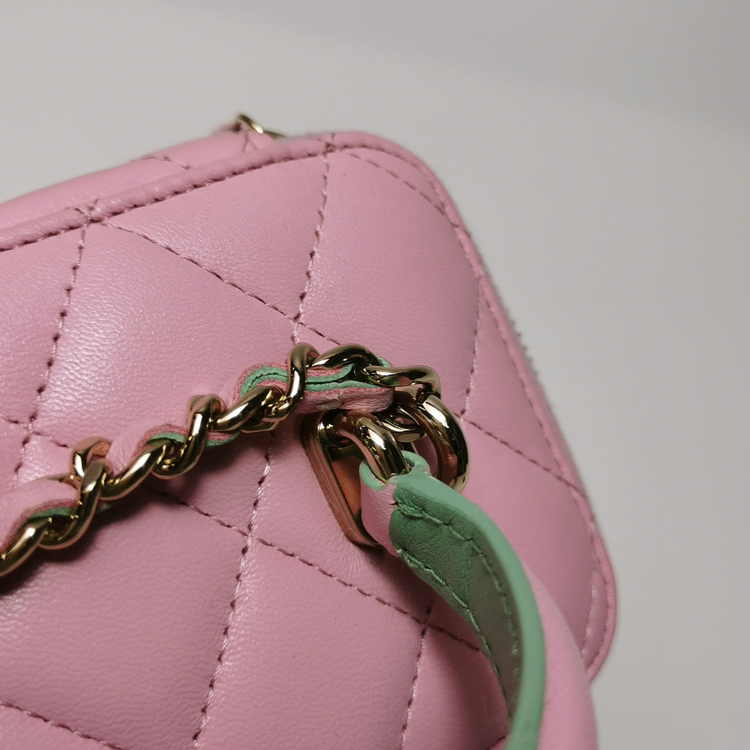 Chanel Lambskin Quilted Small Top Handle Vanity Case Pink Green