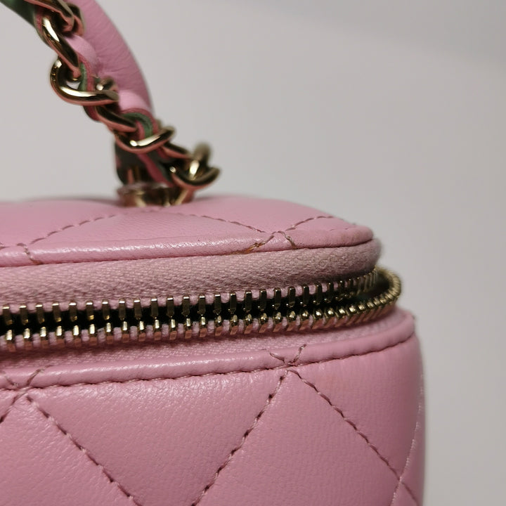 Chanel Lambskin Quilted Small Top Handle Vanity Case Pink Green