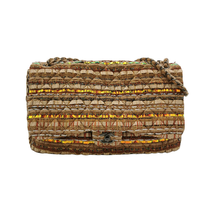 Chanel 2017 Double Flap Iridescent Tweed Lambskin Dark Beige