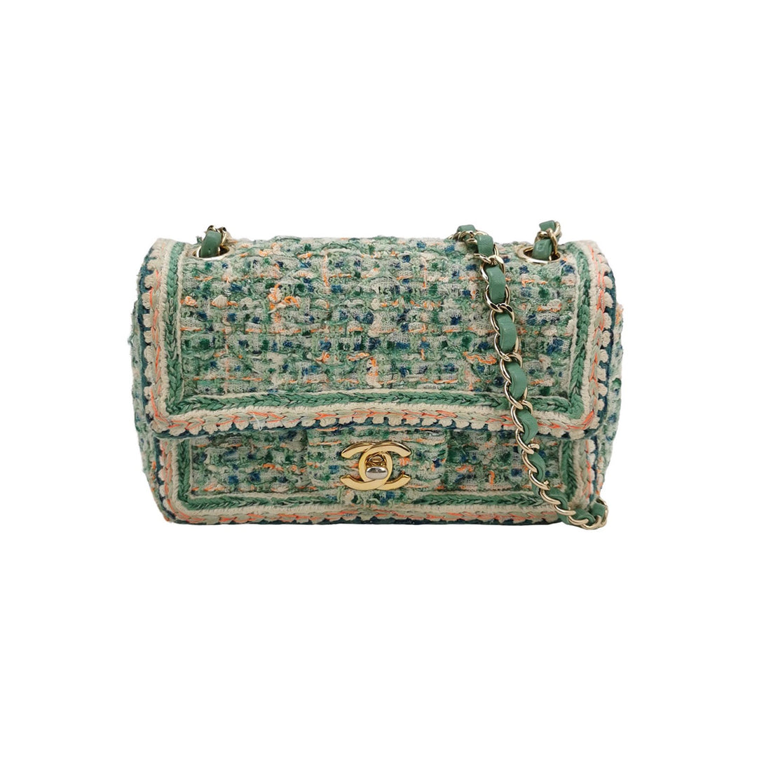 Chanel 2019 Mini Rectangular Flap Green Tweed