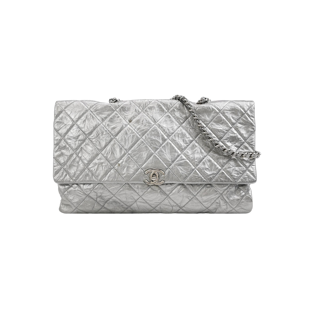 Chanel 2018 Big Bang Flap Bag Metallic Silver Quilted Aged Calfskin