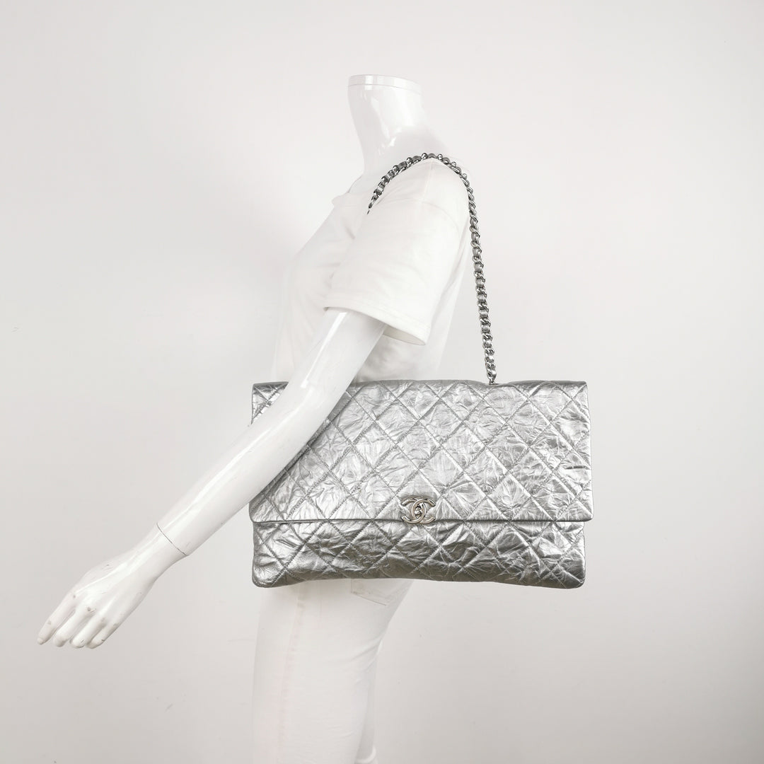 Chanel 2018 Big Bang Flap Bag Metallic Silver Quilted Aged Calfskin
