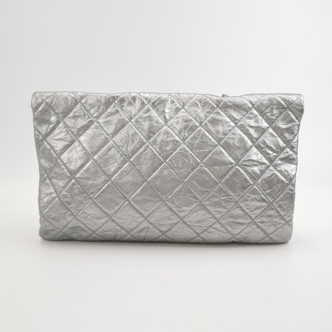 Chanel 2018 Big Bang Flap Bag Metallic Silver Quilted Aged Calfskin
