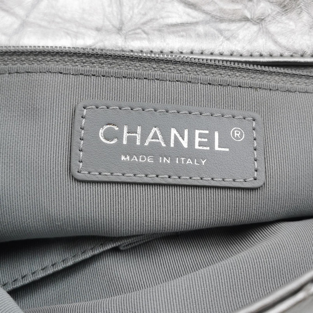Chanel 2018 Big Bang Flap Bag Metallic Silver Quilted Aged Calfskin