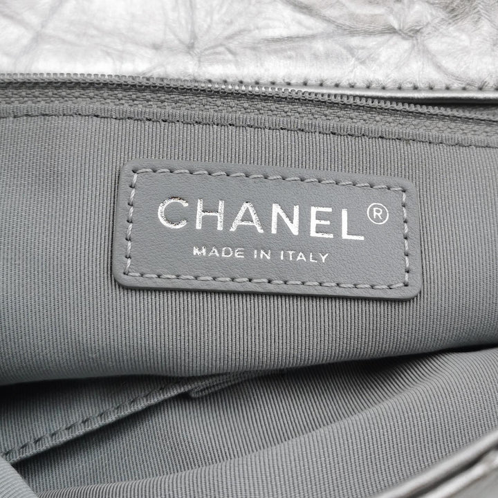 Chanel 2018 Big Bang Flap Bag Metallic Silver Quilted Aged Calfskin