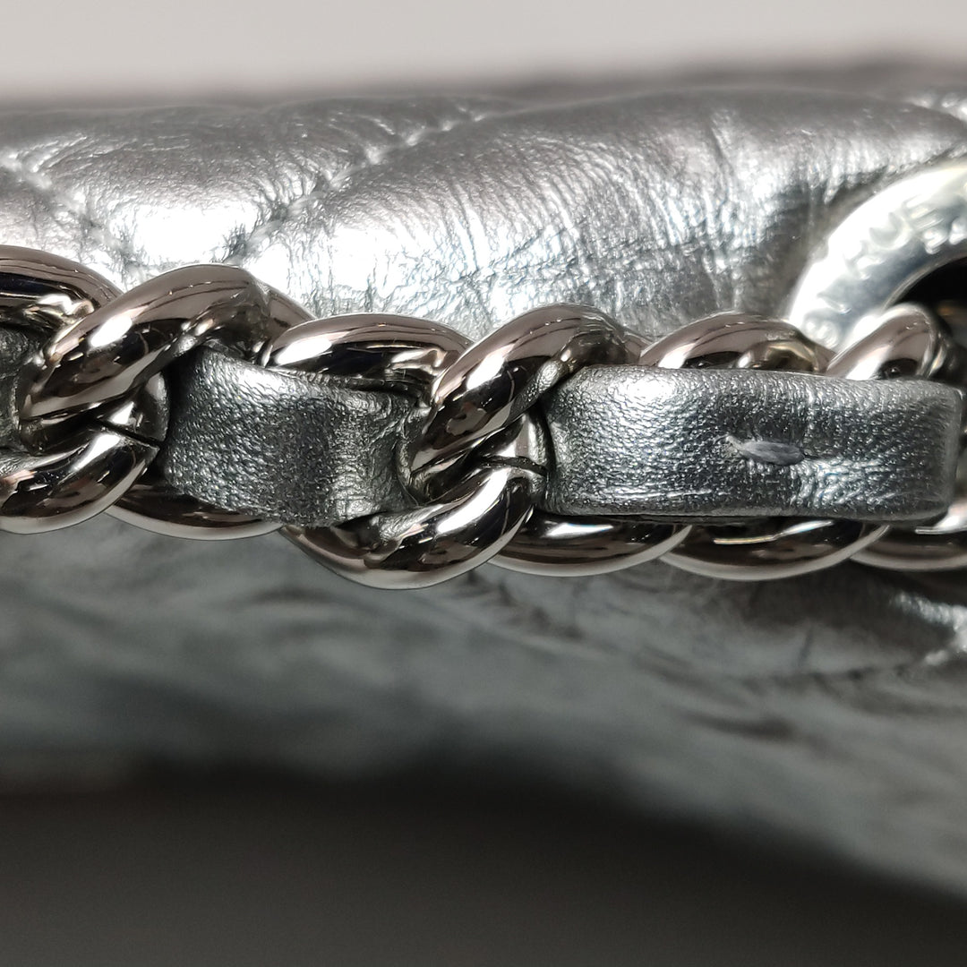 Chanel 2018 Big Bang Flap Bag Metallic Silver Quilted Aged Calfskin