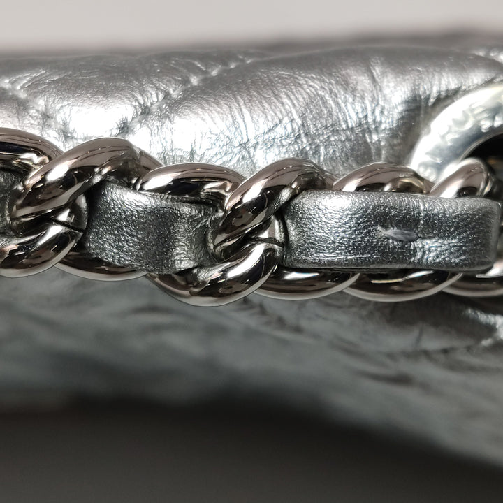 Chanel 2018 Big Bang Flap Bag Metallic Silver Quilted Aged Calfskin