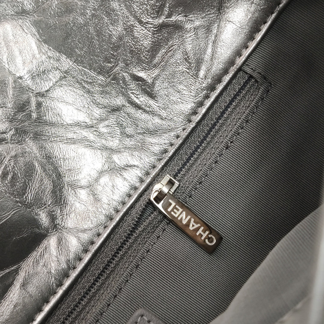 Chanel 2018 Big Bang Flap Bag Metallic Silver Quilted Aged Calfskin