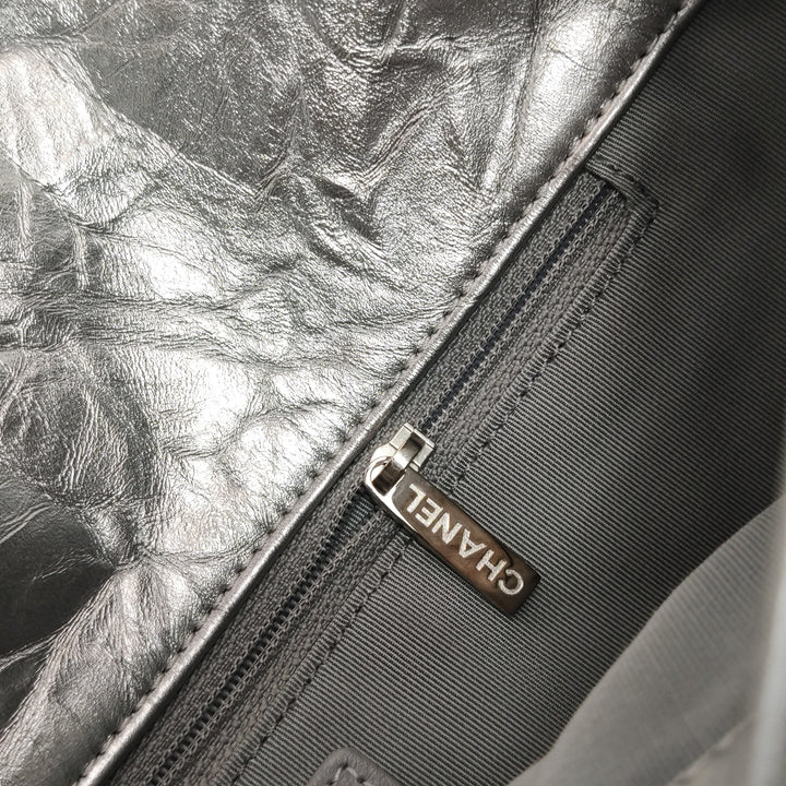 Chanel 2018 Big Bang Flap Bag Metallic Silver Quilted Aged Calfskin