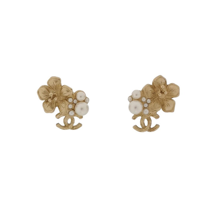 Chanel Pearl CC Flower Earrings Gold