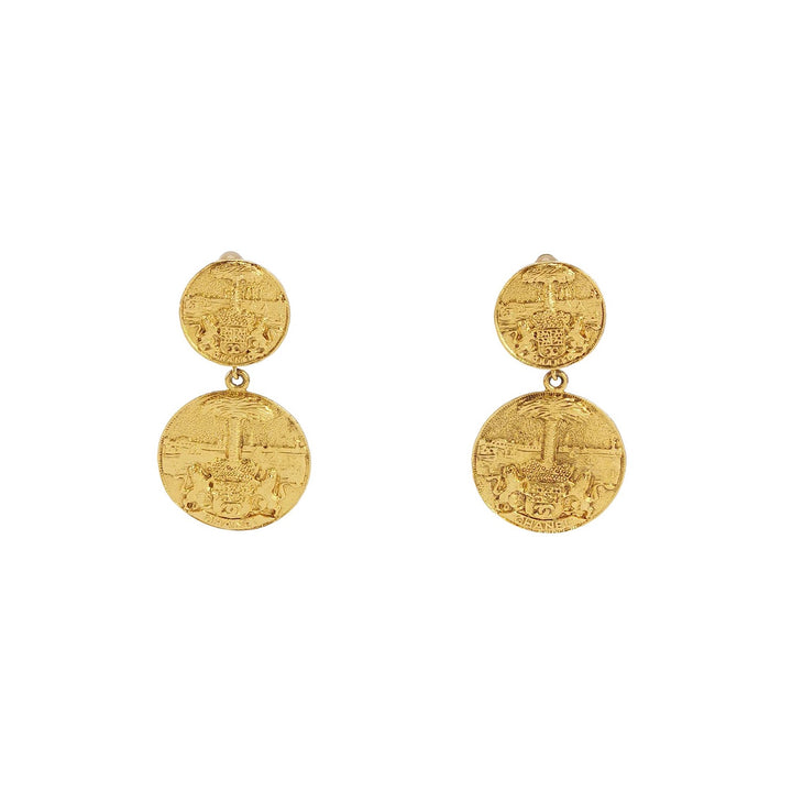 Chanel Vintage Gold Medallion Coat of Arms Crest Lion Clip-On Earrings