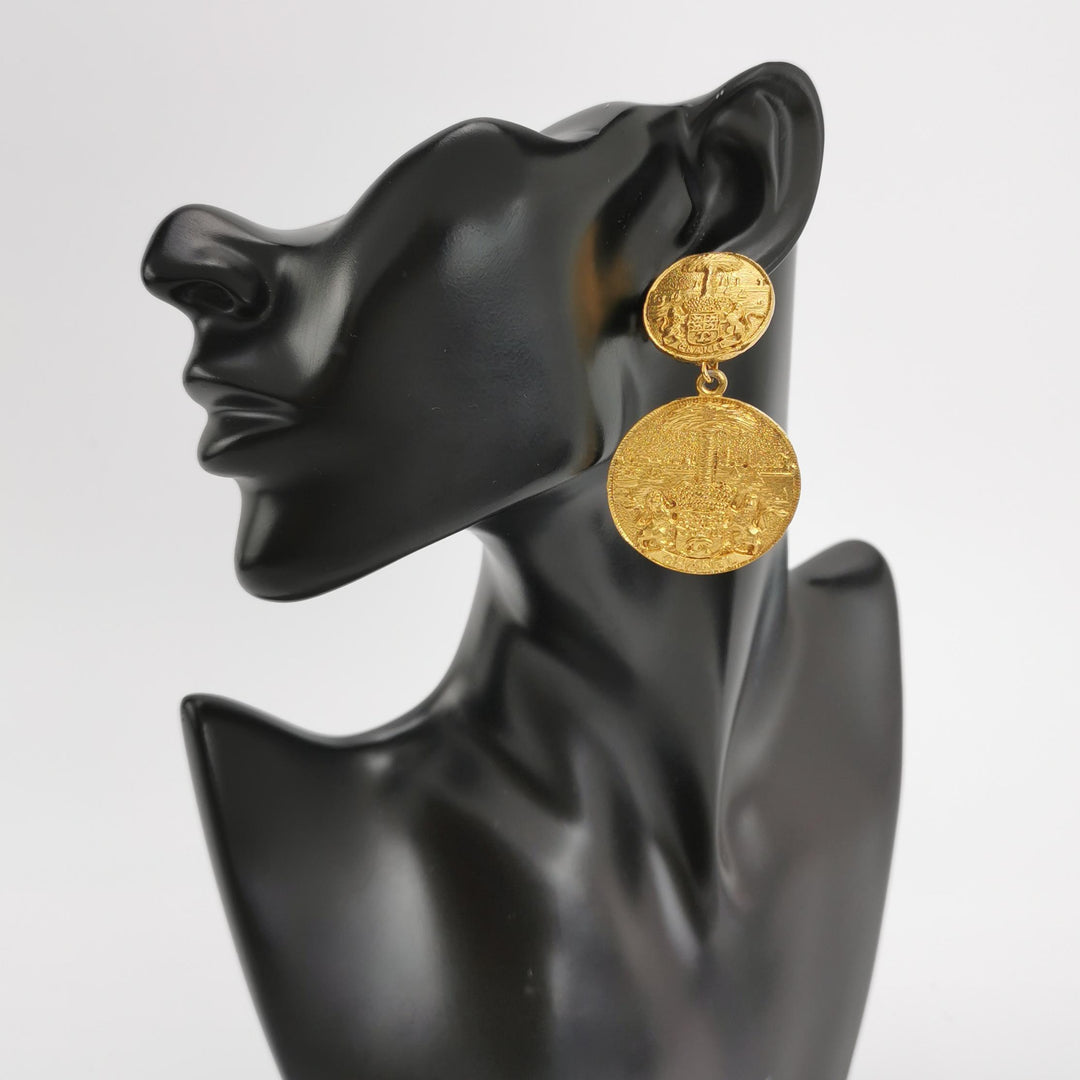 Chanel Vintage Gold Medallion Coat of Arms Crest Lion Clip-On Earrings