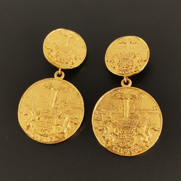 Chanel Vintage Gold Medallion Coat of Arms Crest Lion Clip-On Earrings