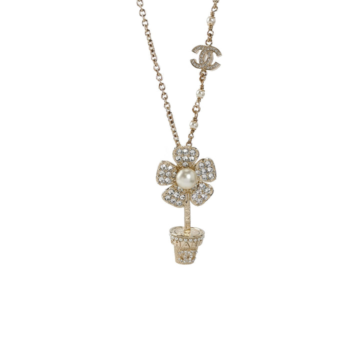 Chanel Flowerpot Faux Pearl CC Logo Necklace
