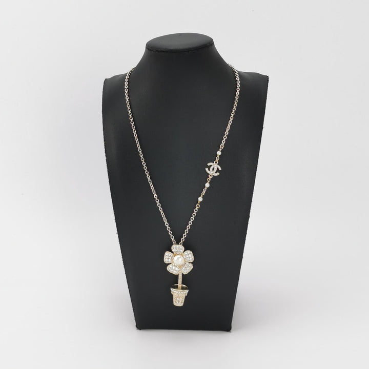 Chanel Flowerpot Faux Pearl CC Logo Necklace