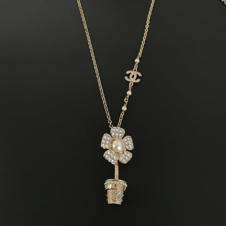 Chanel Flowerpot Faux Pearl CC Logo Necklace