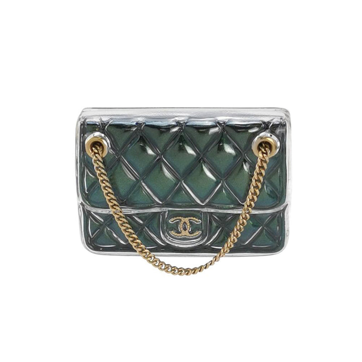 Chanel Enamel Quilted Flap Bag Brooch Gold Green