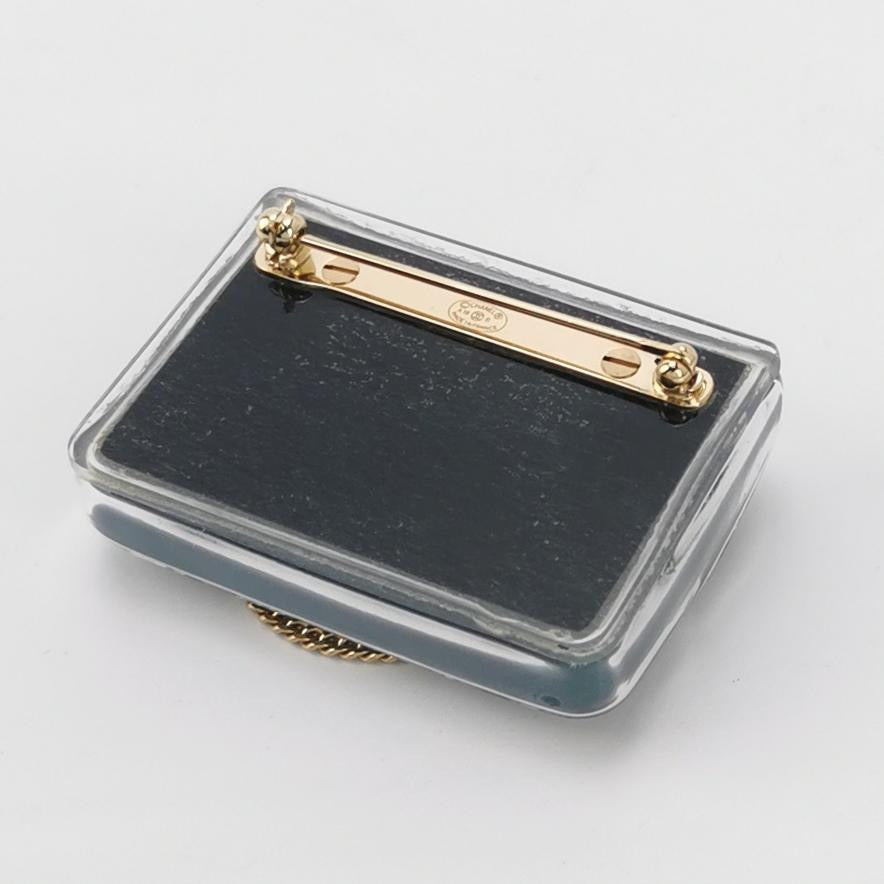 Chanel Enamel Quilted Flap Bag Brooch Gold Green