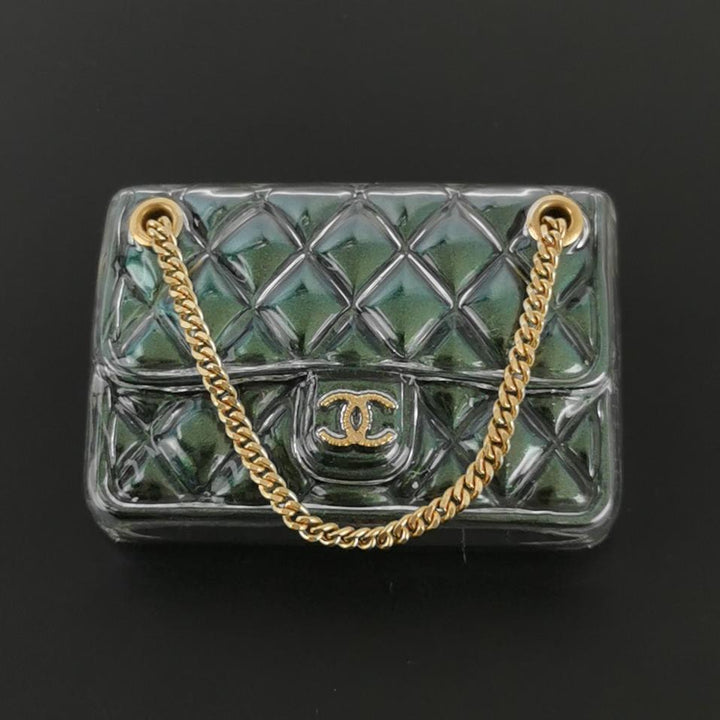 Chanel Enamel Quilted Flap Bag Brooch Gold Green
