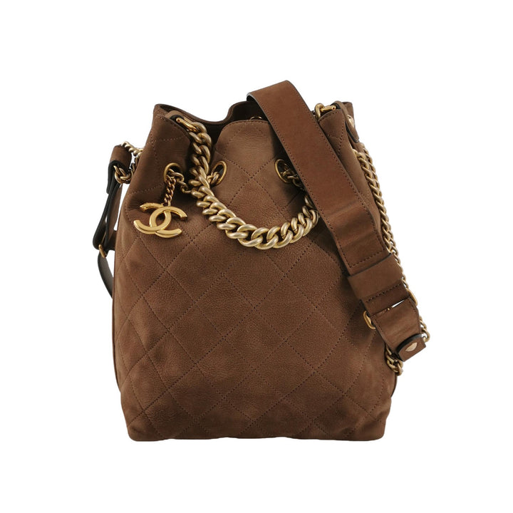Chanel On My Shoulder Brown Quilted Suede Drawstring Bag