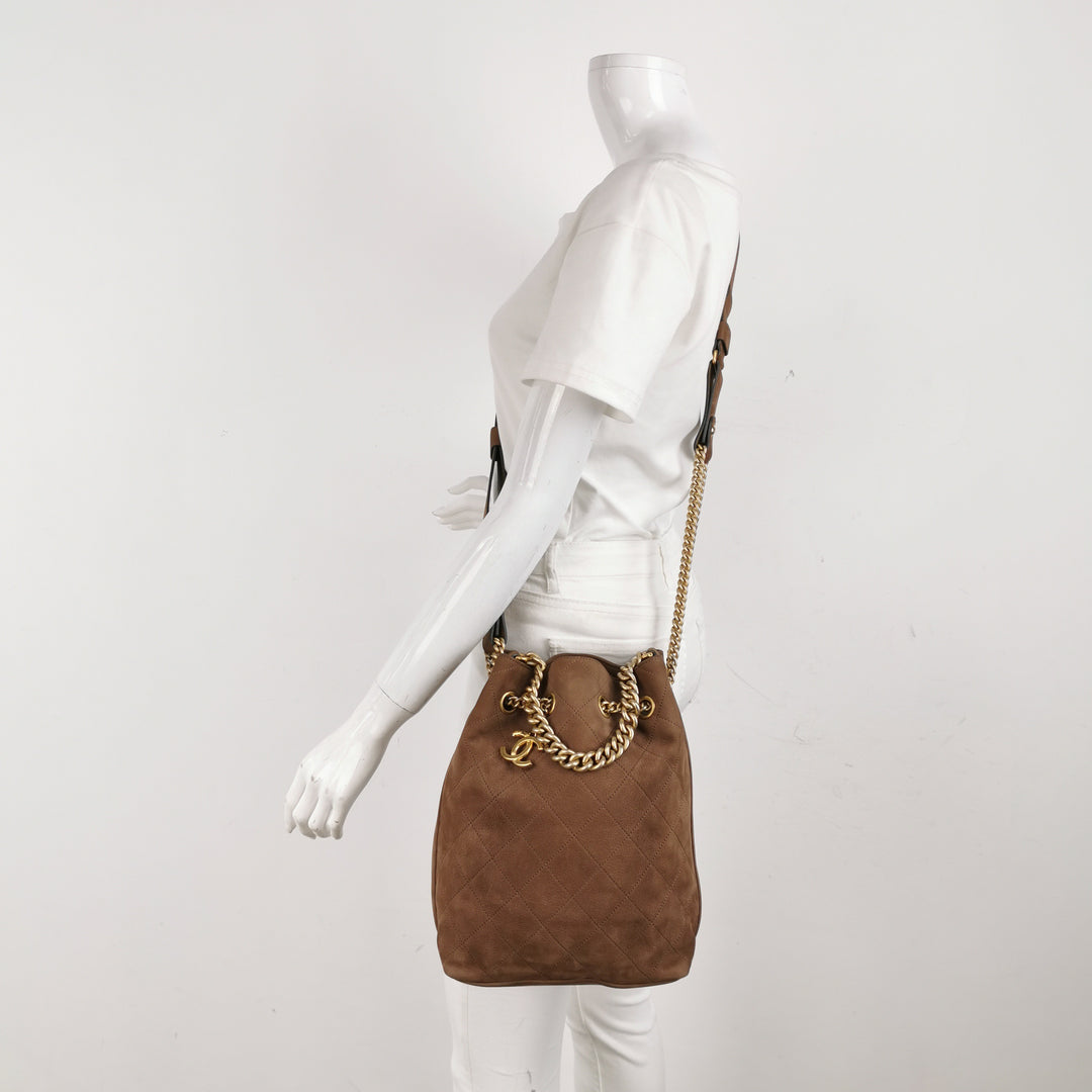 Chanel On My Shoulder Brown Quilted Suede Drawstring Bag