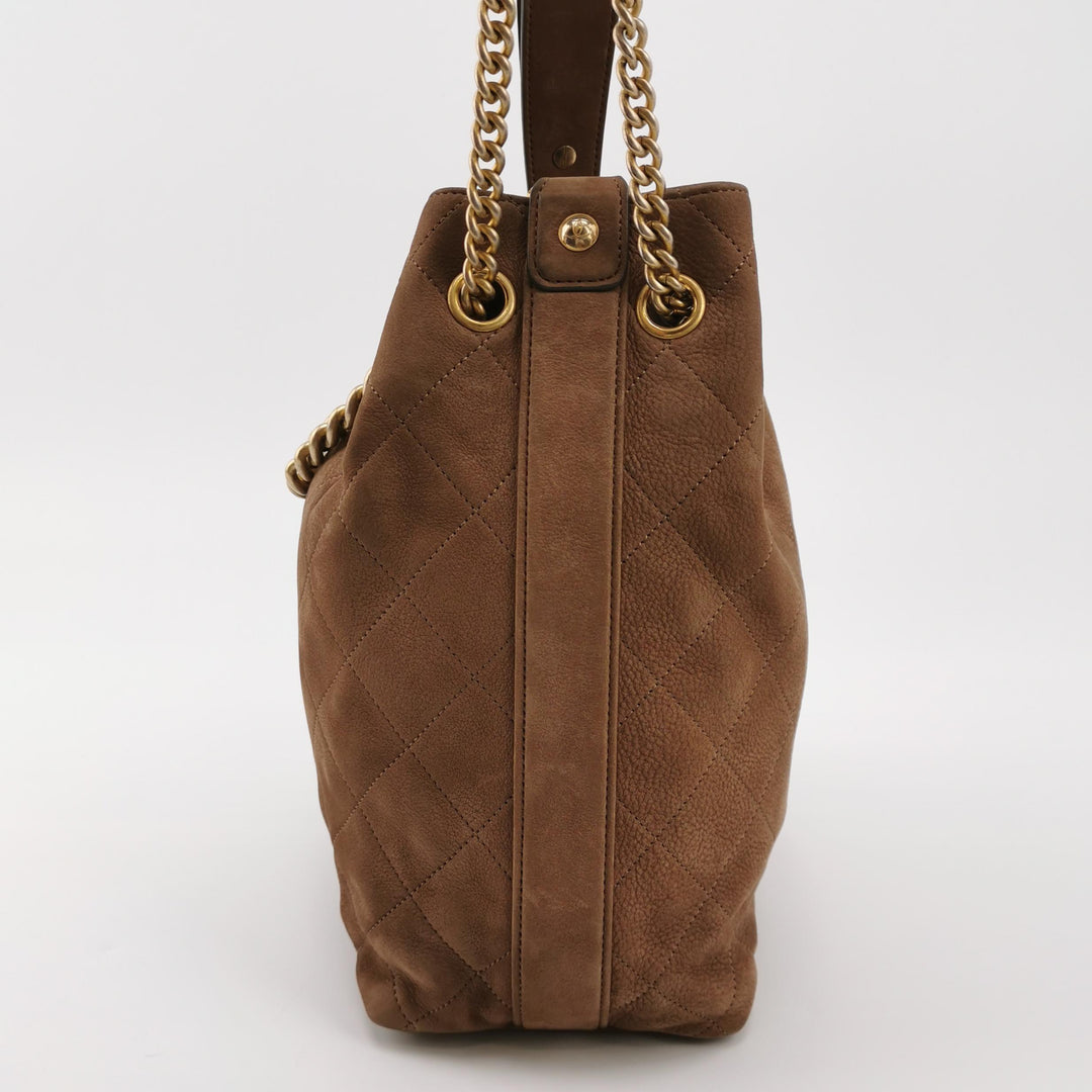 Chanel On My Shoulder Brown Quilted Suede Drawstring Bag