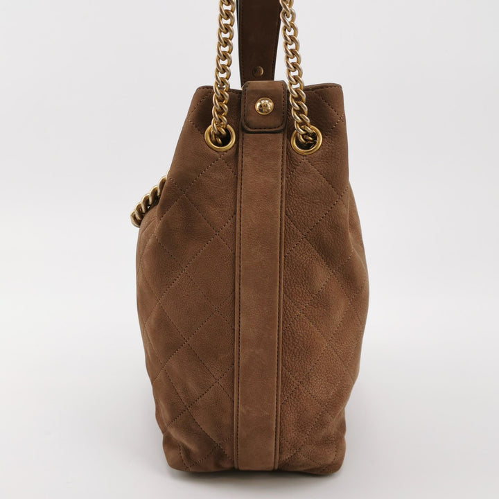 Chanel On My Shoulder Brown Quilted Suede Drawstring Bag