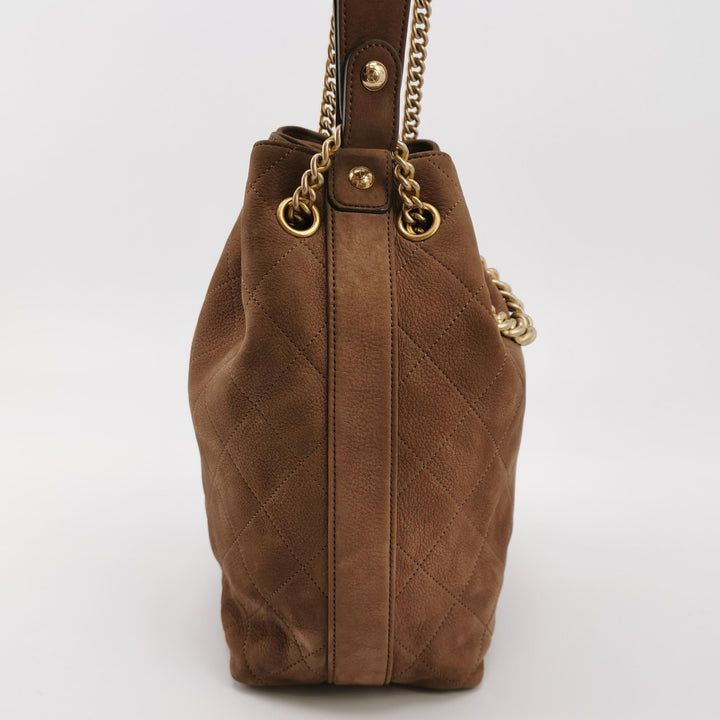 Chanel On My Shoulder Brown Quilted Suede Drawstring Bag