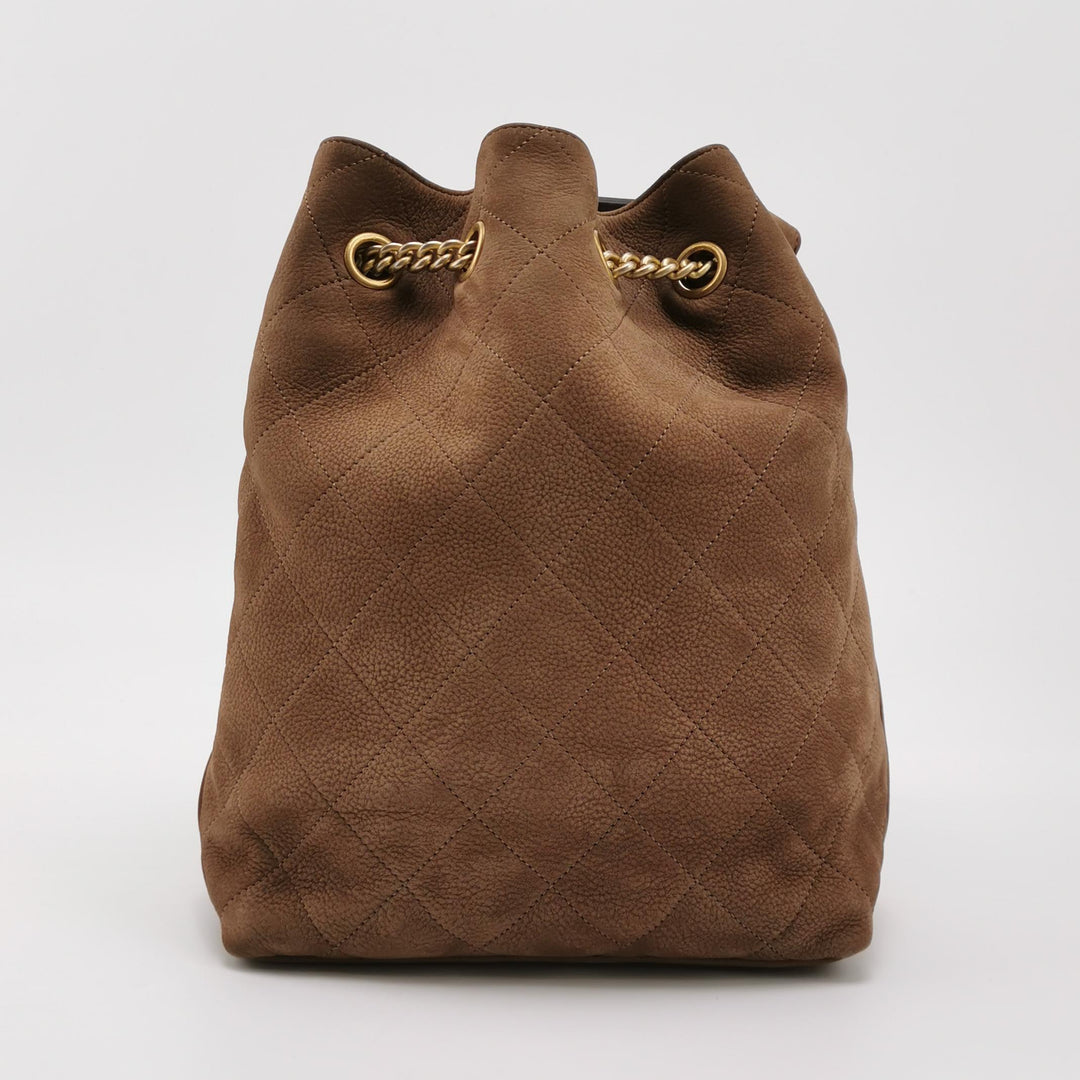 Chanel On My Shoulder Brown Quilted Suede Drawstring Bag