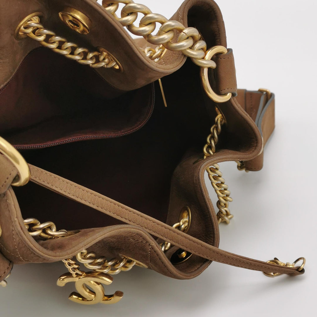 Chanel On My Shoulder Brown Quilted Suede Drawstring Bag