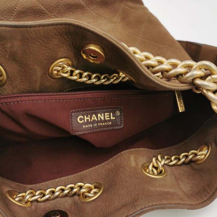 Chanel On My Shoulder Brown Quilted Suede Drawstring Bag