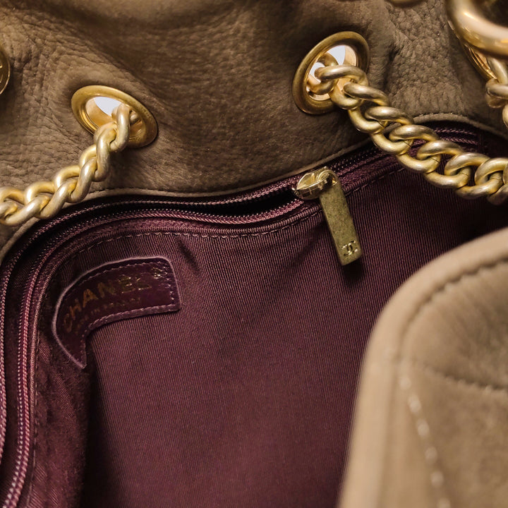 Chanel On My Shoulder Brown Quilted Suede Drawstring Bag